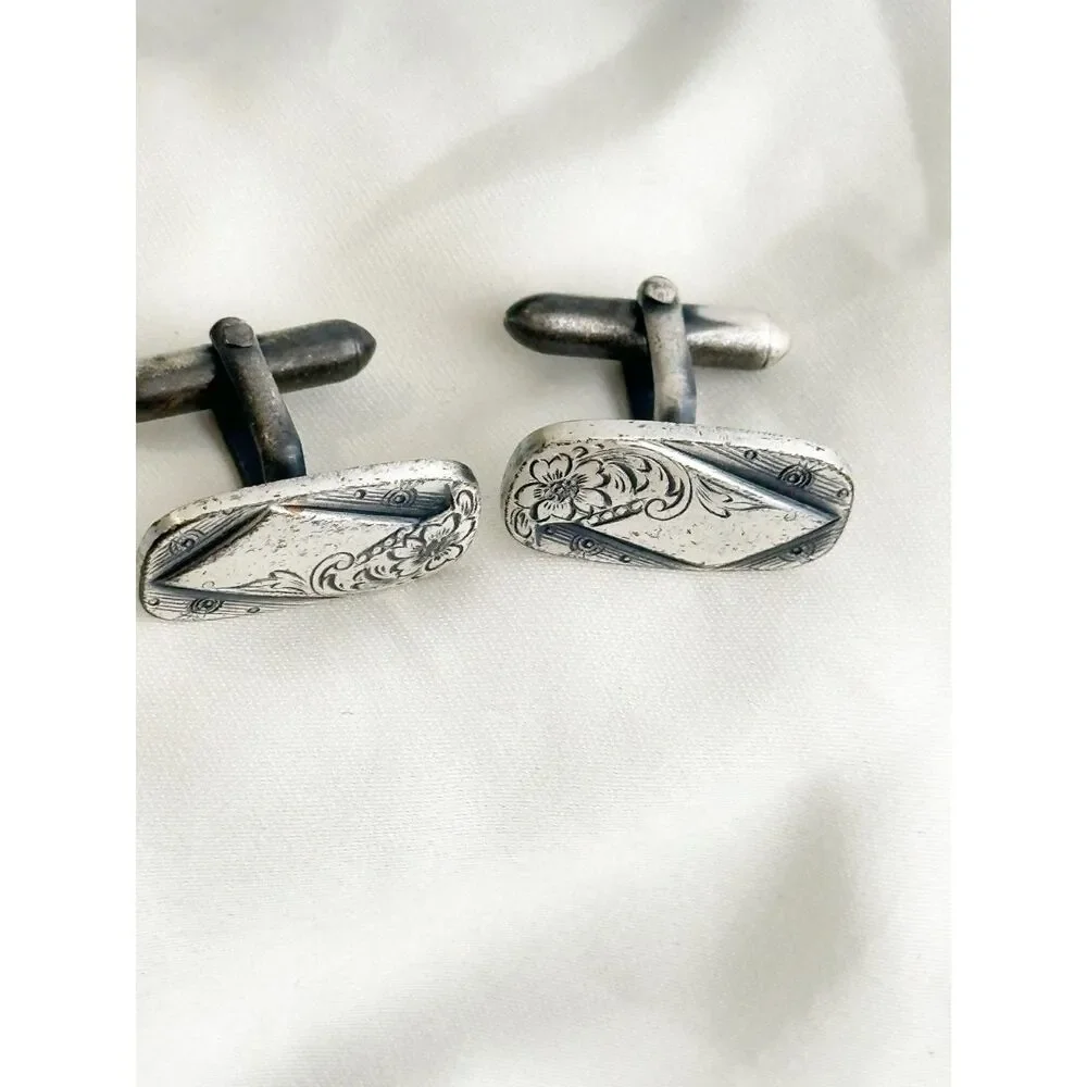 Etched flower cufflinks Swank silver tone rectangle